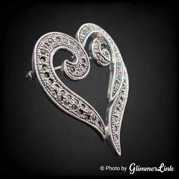 Openwork Heart Scroll Faux Marcasite Multicolor Rhinestone Silver Tone Brooch - Picture 2 of 8